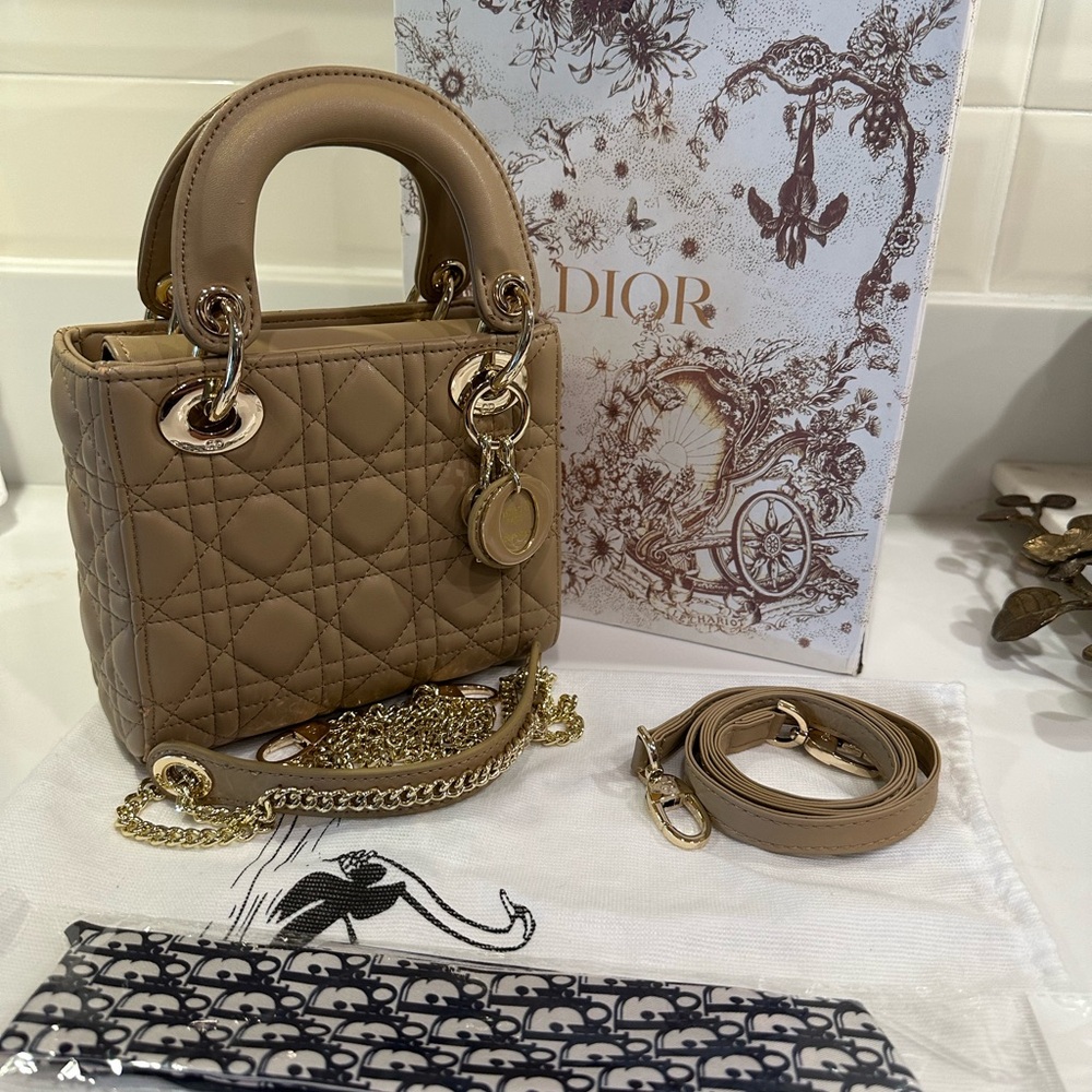 Dior Tan Mini Bag with Cannage Quilting and Gold Hardware